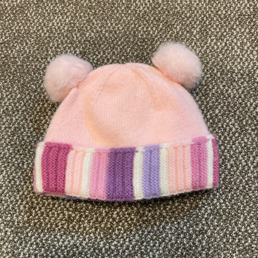 Pink and Purple Striped Baby Hat with Pom Poms - 12-24 month